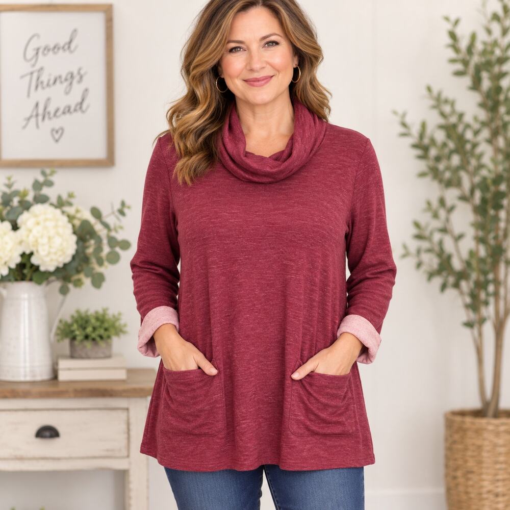 Chico's Size 2 L Burgundy Cowl Neck Sweatshirt Tunic Pockets Side Slit Hem